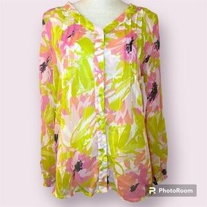 Kim Rogers button down sheer long sleeve petite floral blouse, Sz PM, Great cond